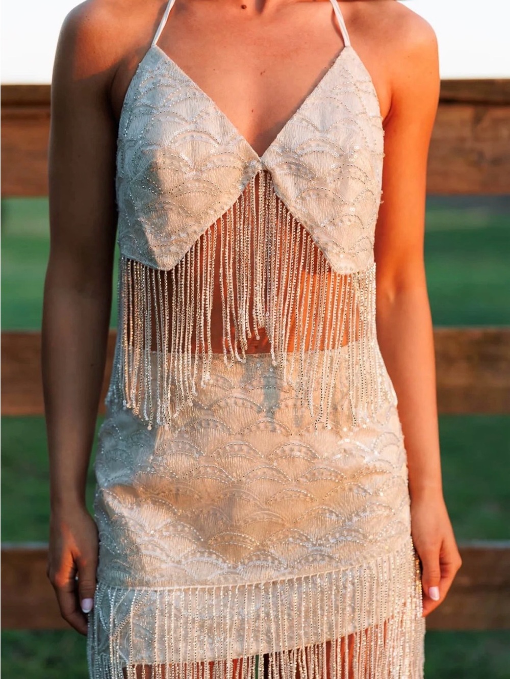 Ivory Beaded Fringe Cowgirl Bridal Two Piece Set - Picture 2 of 3
